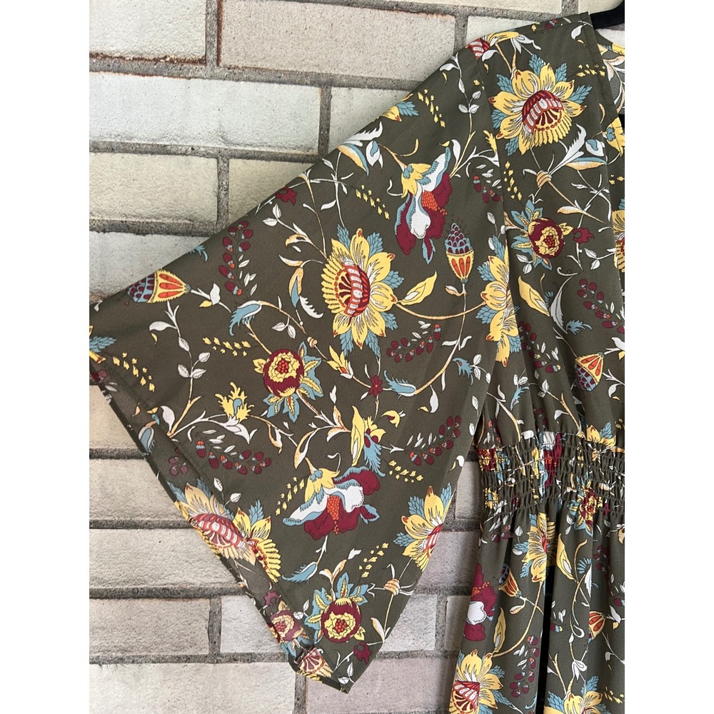 Belle Boho by Kim Gravel Olive Green Floral Smocked Midi Dress Size Small Petite - Picture 4 of 5